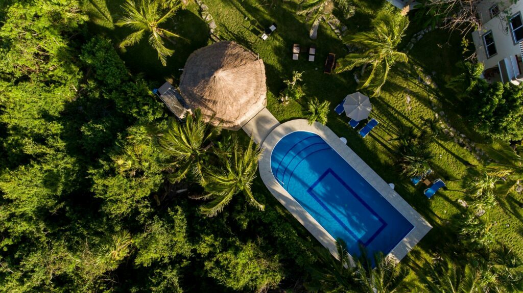 Aerial view of Casa Chanty and the Playa del Secreto coastline